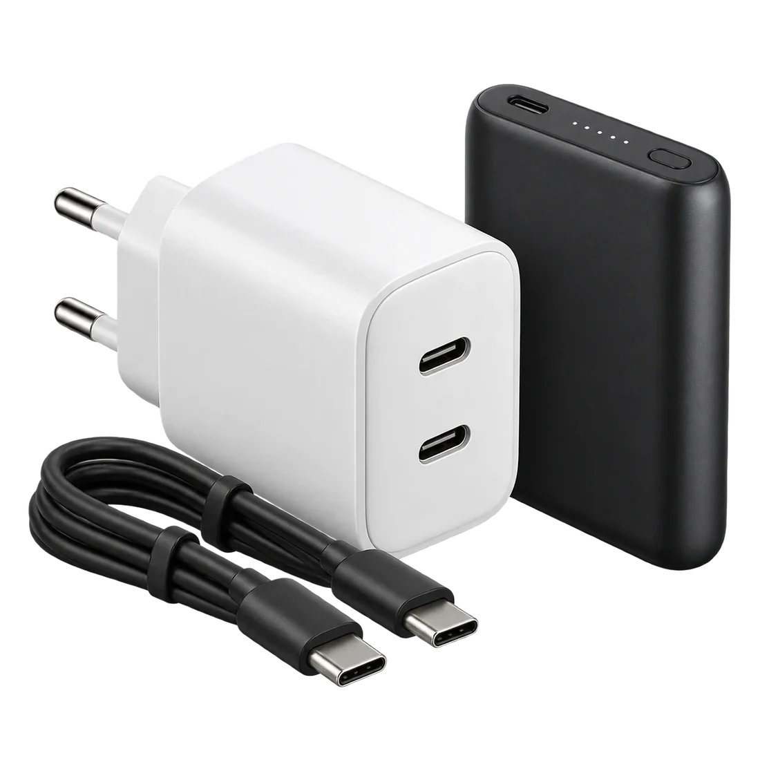 Cargador de auto y cable USB-C sobre fondo claro