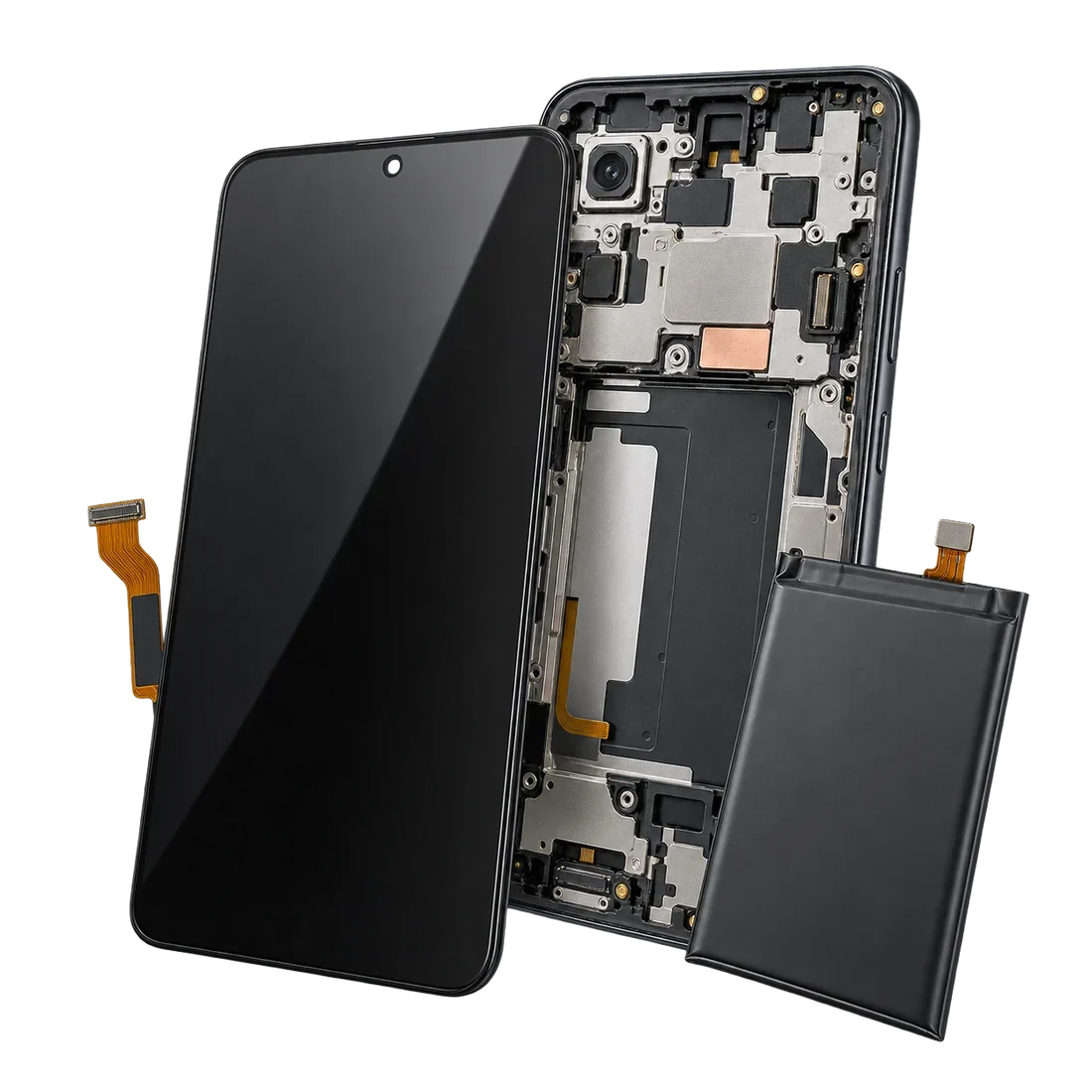 Celular abierto con el módulo, la batería y la placa a la vista